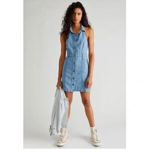 Free People Bali Blue Sami Denim Collared Halter Mini Dress